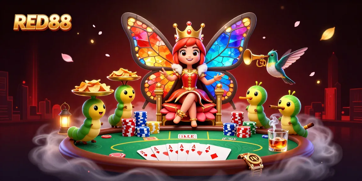 Experience RED88's vibrant casino world with a colorful cartoon scene of poker excitement.