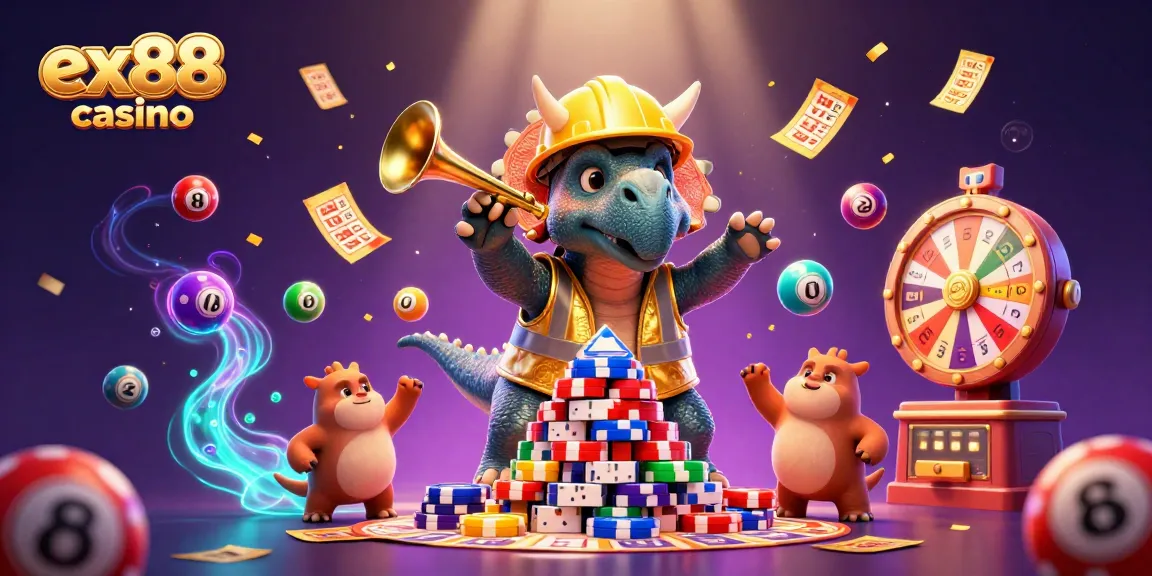 Engage with ex88 casino's vibrant gaming scene featuring a 3D cartoon triceratops celebrating amidst colorful lottery elements.