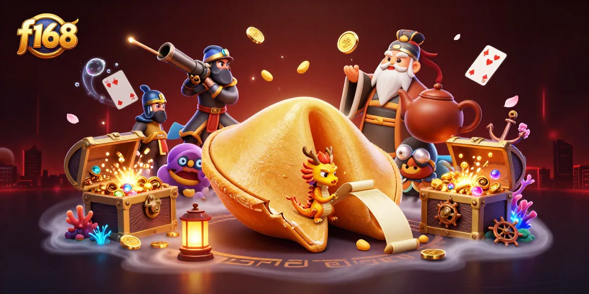 Engage with the exciting f168 online casino experience featuring a vibrant 3D illustration of a golden fortune cookie and intricate gaming elements.