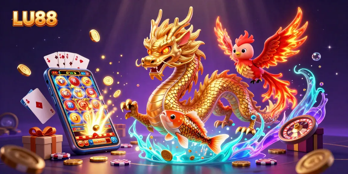 LU88 brings luck with a fierce dragon and phoenix in a captivating casino scene.