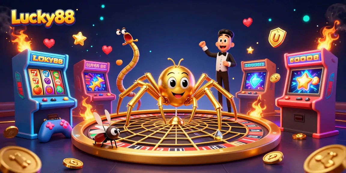 Experience gaming excitement with Lucky88, featuring a golden web roulette scene and vibrant slot elements.