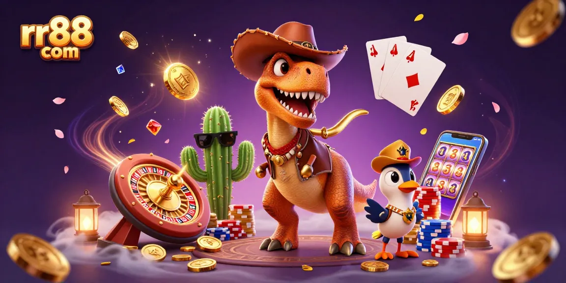 Engage in exciting games with rr88 com amidst a 3D casino adventure featuring dynamic characters and vibrant casino elements.