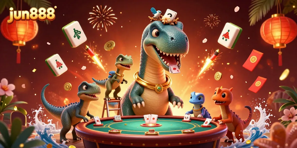 Experience the excitement of jun888 with a vibrant casino scene featuring playful dinosaurs and festive elements.