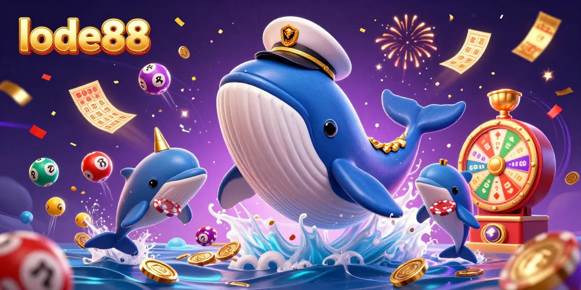 Playful dolphins and a captain whale celebrate lode88's vibrant gaming culture amid colorful lottery balls.