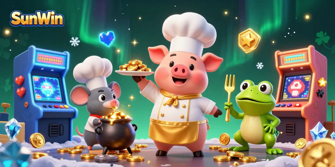 SunWin promotes excitement with a chef pig presenting gold coins in a vibrant casino setting.
