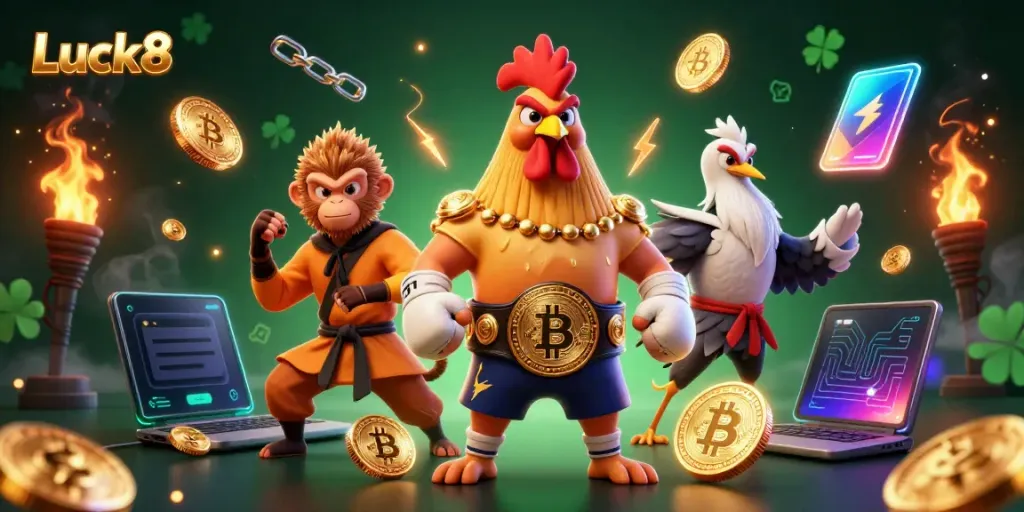 Experience thrilling Luck8 betting with cartoon fighters amidst crypto symbols in vibrant action.
