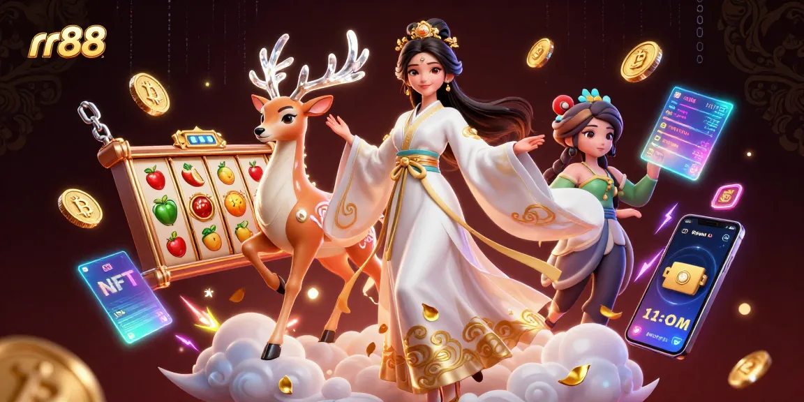 Experience thrilling slots at rr88 with an Asian woman and mystical deer in an enchanted casino setting.