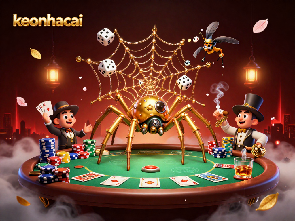 Immerse yourself in a steampunk casino world with keonhacai's spider's web of luck and vibrant game elements.