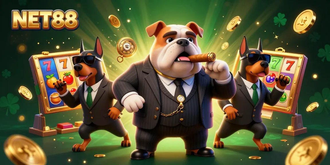 NET88 showcases vibrant 3D casino art with a mafia bulldog and Dobermans amidst slot machines.