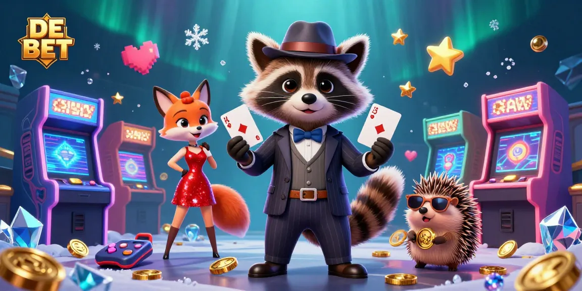 Engage in winning moments at DE BET casino with animated characters amidst vibrant gaming elements.