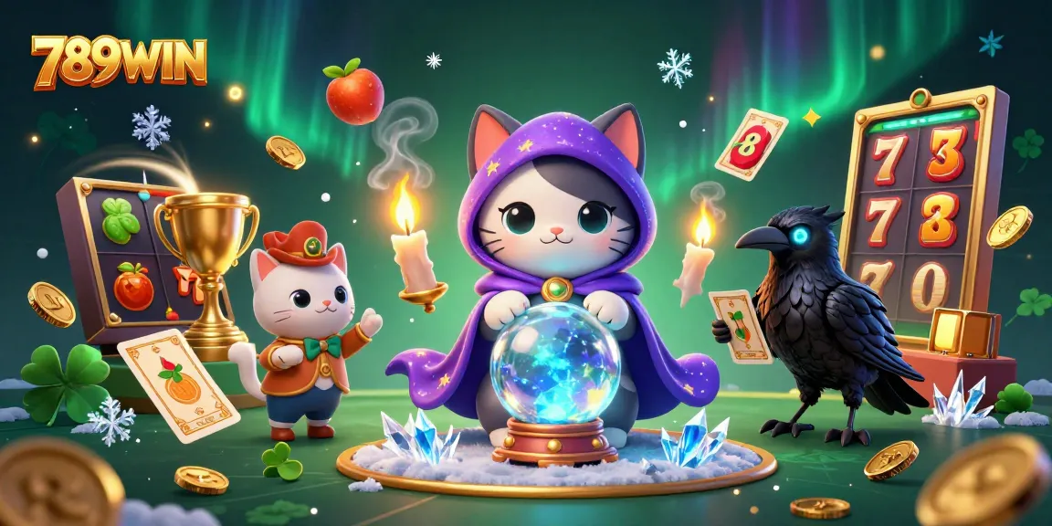 Win big with 789WIN in this vibrant 3D casino illustration showcasing dynamic slots and fortune-telling characters.