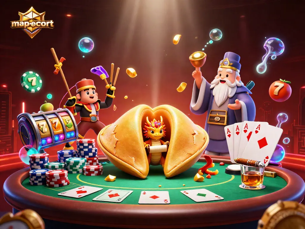 Experience map-escort excitement with golden fortune cookies, poker, and animated casino elements.