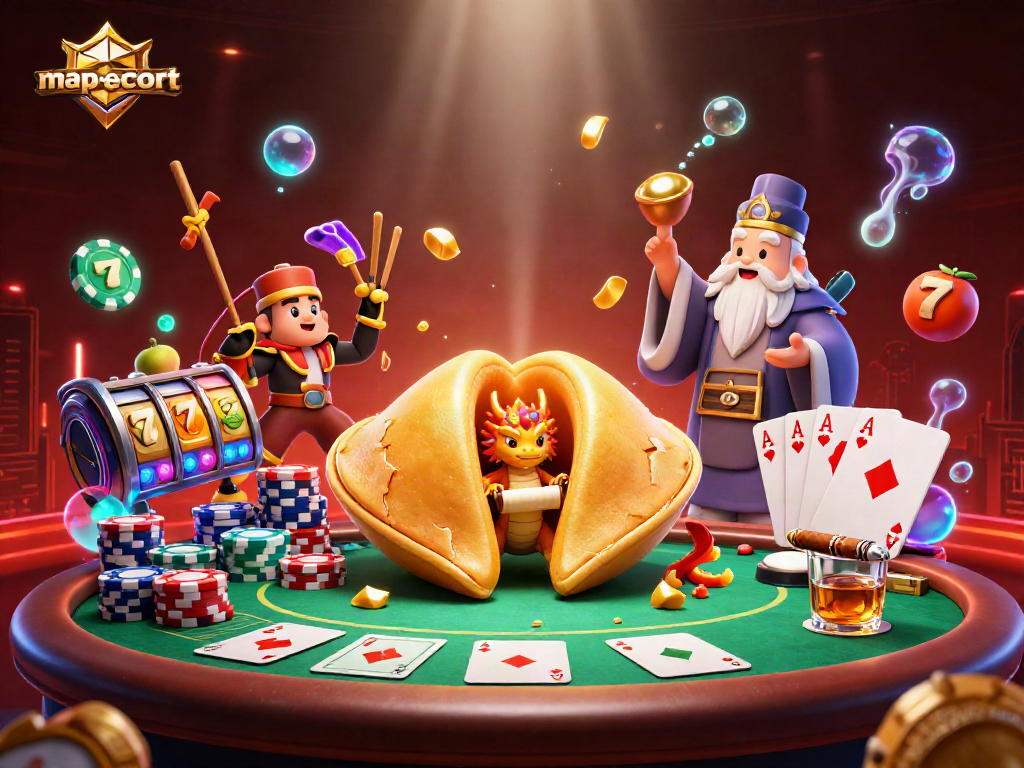Experience map-escort excitement with golden fortune cookies, poker, and animated casino elements.