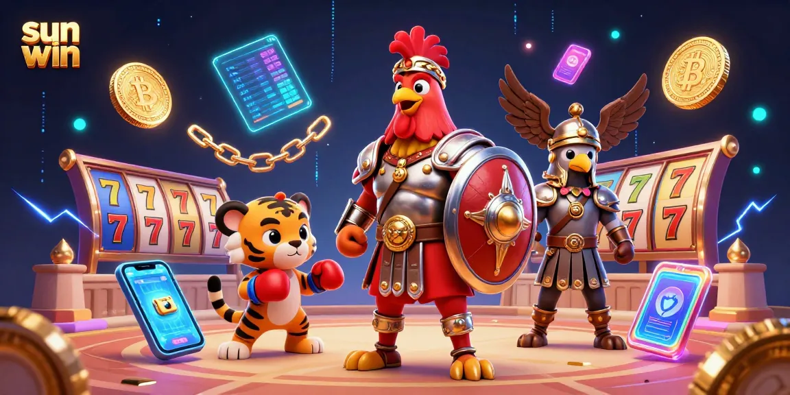 Experience thrilling action at sun win with a vibrant 3D casino illustration filled with dynamic game elements.