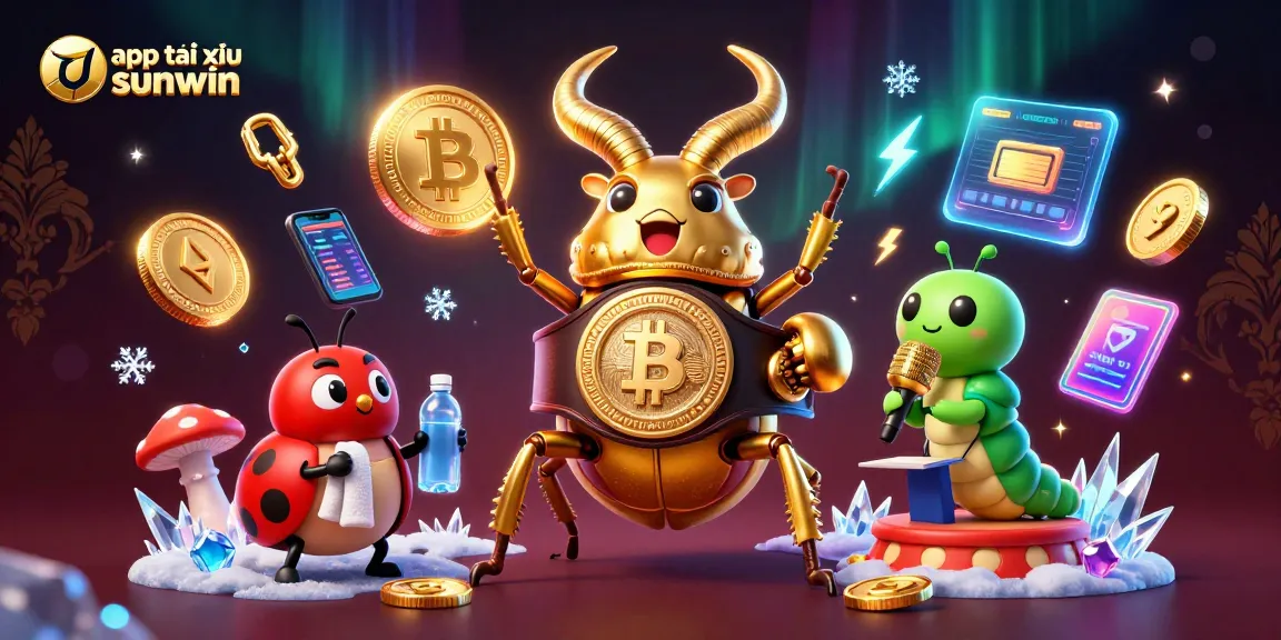 Engage with the app tài xỉu sunwin featuring a dynamic crypto-themed display of vibrant 3D characters.