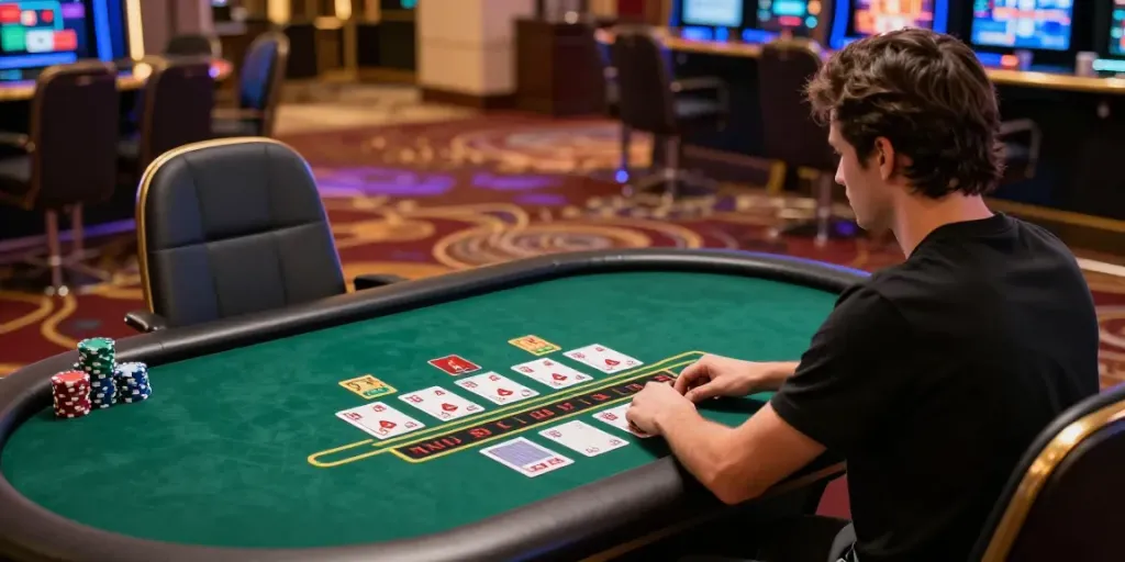 Engaging live blackjack game on rokok88 with stylish decor and vibrant atmosphere.