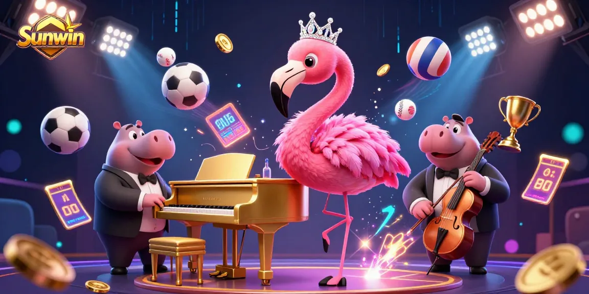 Bet on Sunwin's exciting games with a vibrant casino scene featuring dynamic characters and elements.