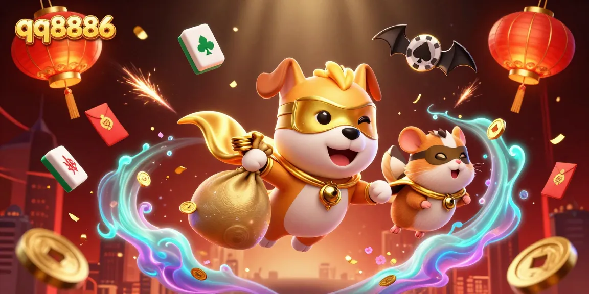 Experience the excitement of qq8886 with a cartoon dog hero flying amidst colorful casino symbols.
