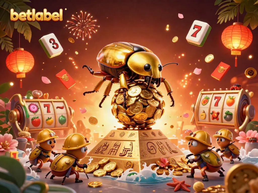 Experience the excitement of betting at Betlabel with a vibrant scene of a golden beetle rolling coins in a casino background.