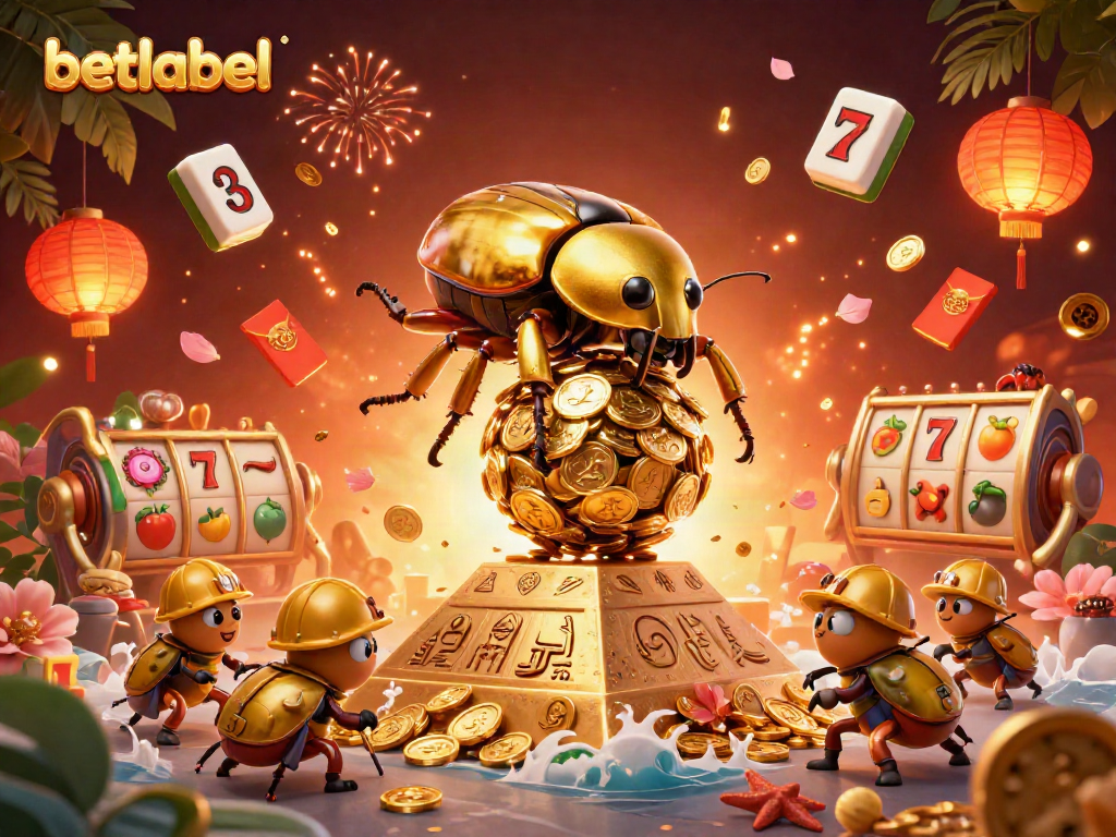 Experience the excitement of betting at Betlabel with a vibrant scene of a golden beetle rolling coins in a casino background.