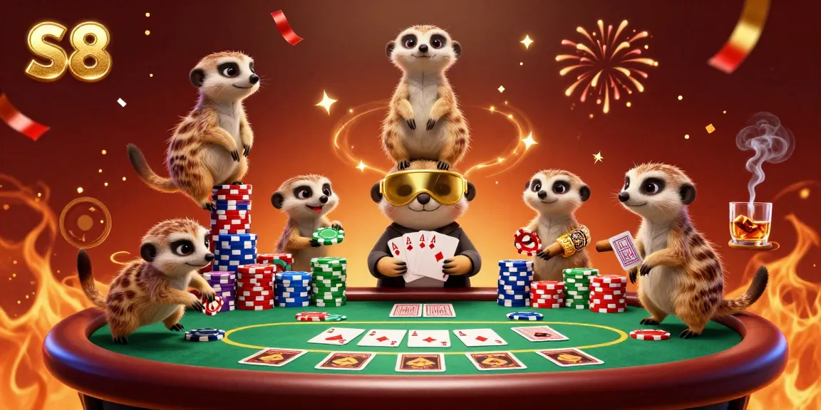 Experience thrilling action at the S8 casino with meerkats immersed in the excitement of poker games and vibrant celebrations.