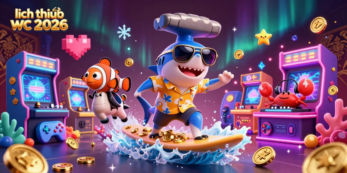 Experience the excitement with lịch thi đấu wc 2026 in a vibrant casino-themed illustration showcasing a shark, clownfish, and crab.
