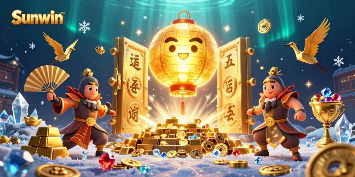 Experience gameplay excitement with Sunwin's vibrant casino illustration showcasing dynamic characters and riches.
