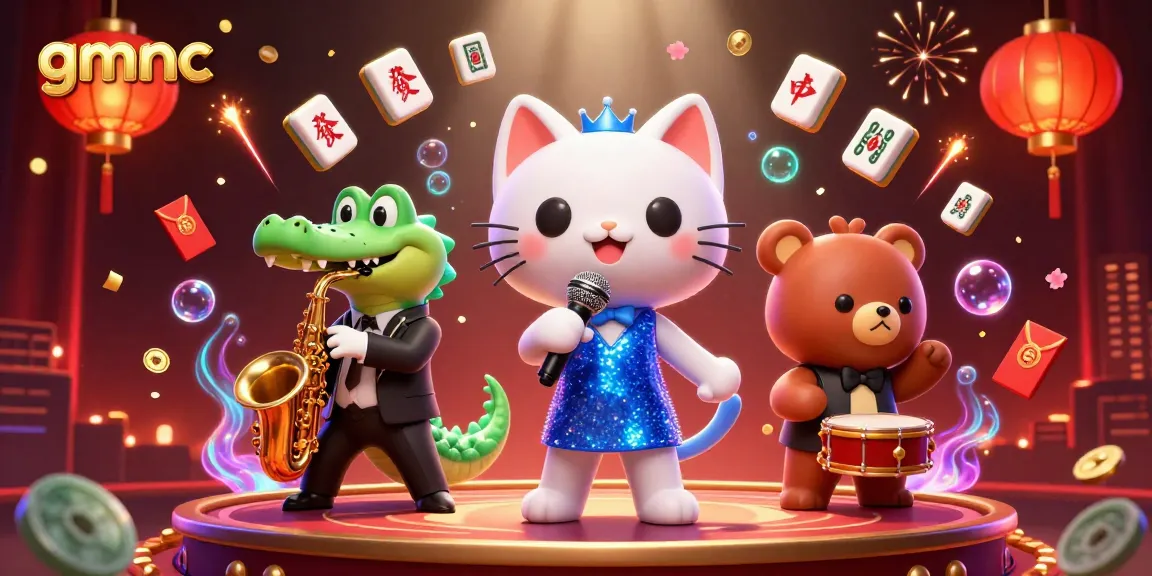 Engaging scene showcasing gmnc, a jazz-singer cat, saxophone-playing crocodile, and drum-playing bear cub in a vibrant casino.