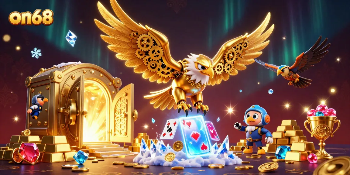Experience thrilling gameplay on68 with a cybernetic eagle soaring through vibrant casino elements.