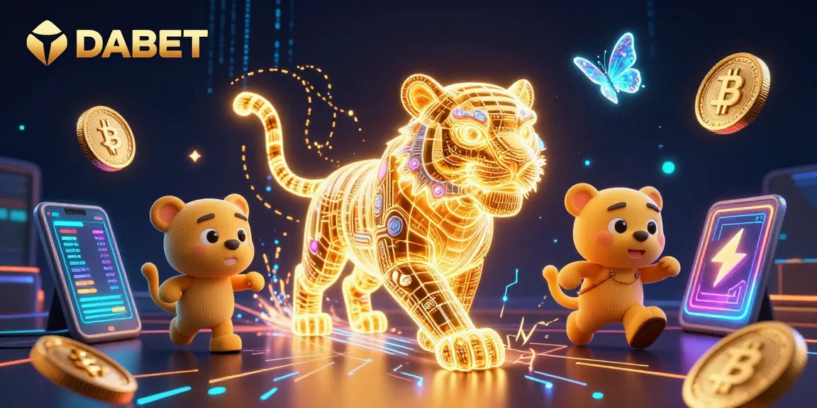 Engage with DABET's vibrant casino world, featuring neon-wireframe tiger and crypto elements.