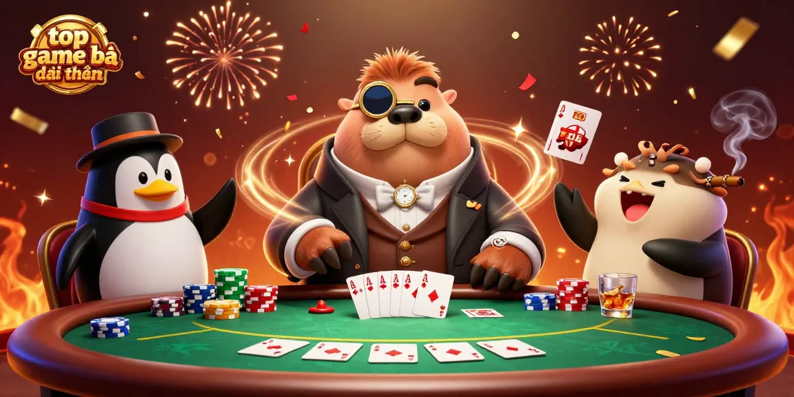 Play exciting top game bài đổi thưởng at a vibrant poker table with colorful characters and elements.
