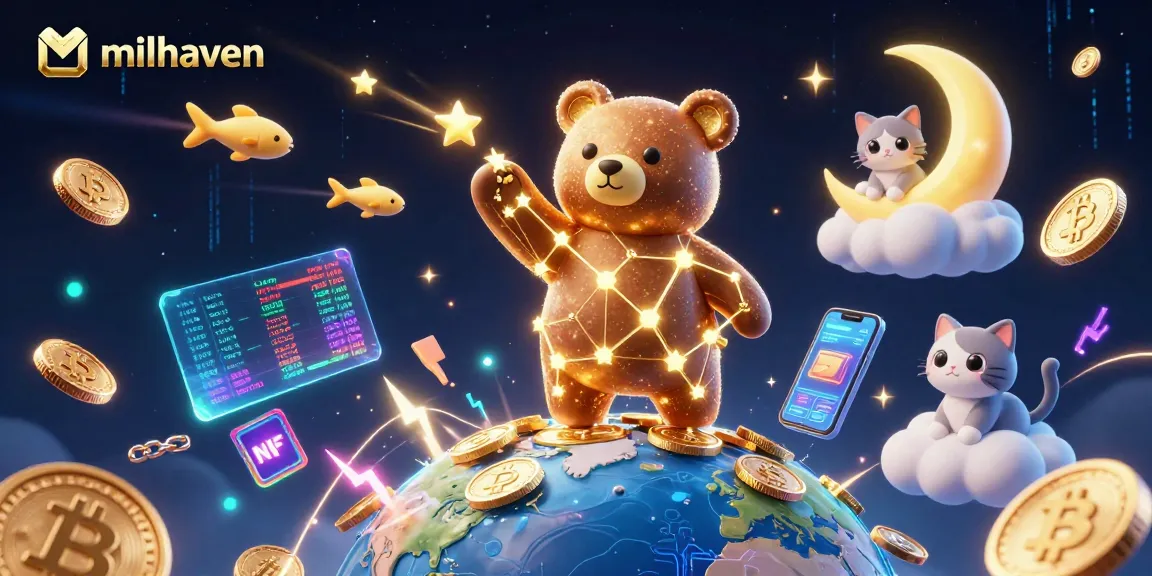 Milhaven players scoop up winnings in a vibrant casino universe filled with crypto elements and whimsical characters.