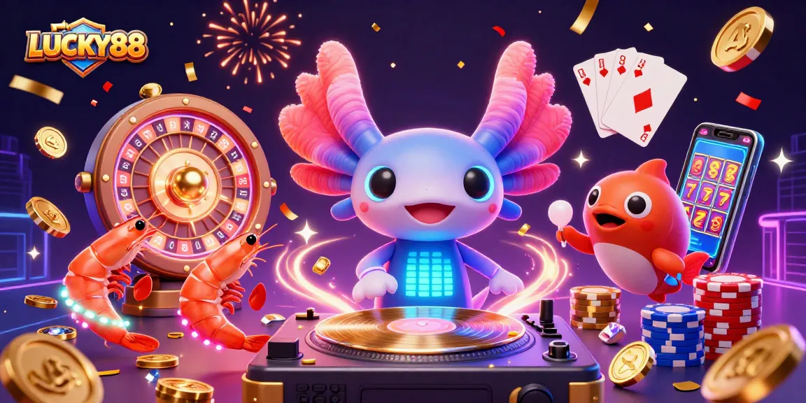 LUCKY88 ignites excitement with a vibrant 3D casino scene featuring a DJ axolotl and party atmosphere.