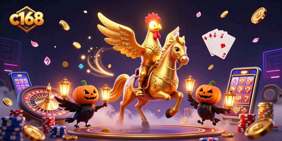 C168 Casino features a golden rooster and spectral horse amidst dynamic gambling elements