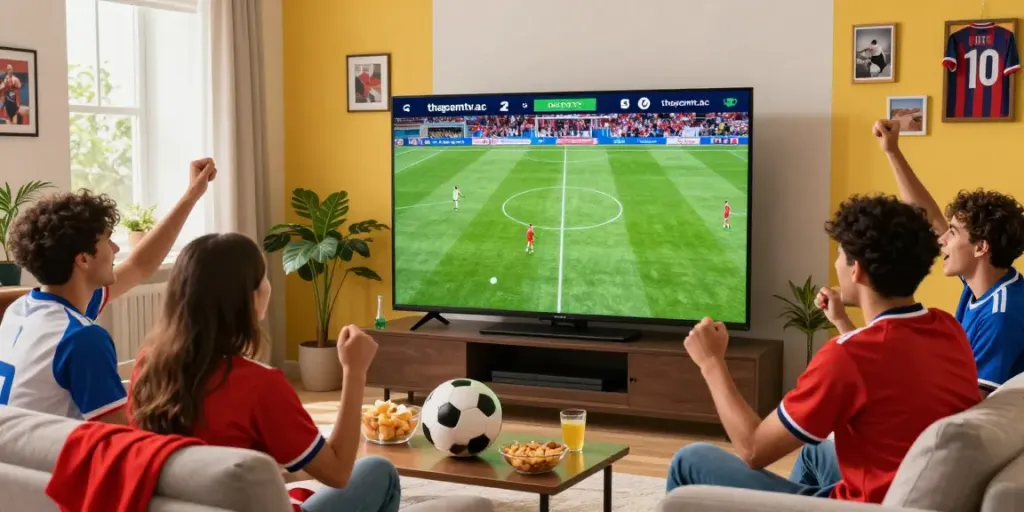 Friends enjoying a football match from thapcamtv.ac in a lively living room.