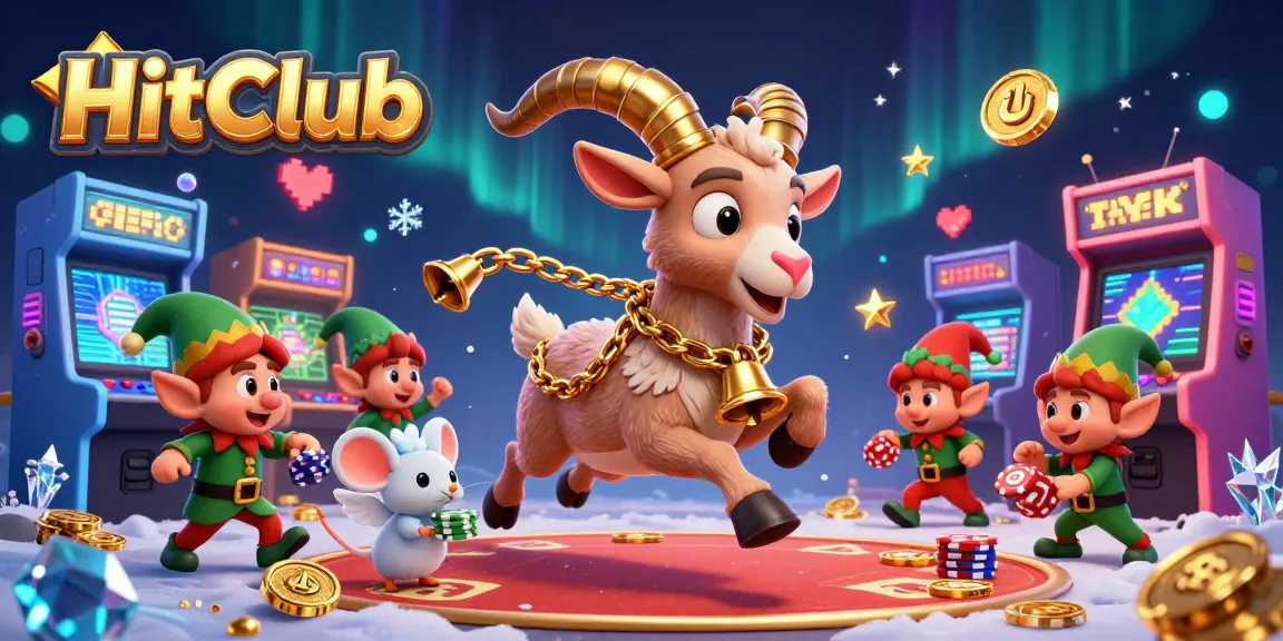 Experience the excitement at HitClub casino with Krampus, an angel mouse, and mischievous gremlins in a vibrant gaming scene.