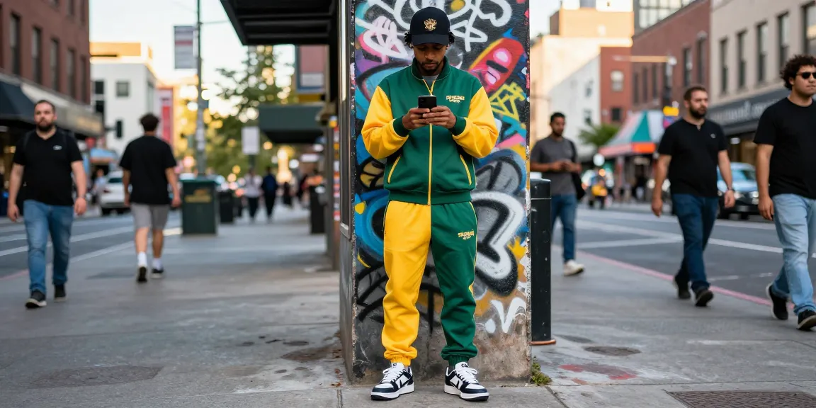 Trapstar Tuta indossata in un contesto urbano vivace, espressione di stile streetwear.