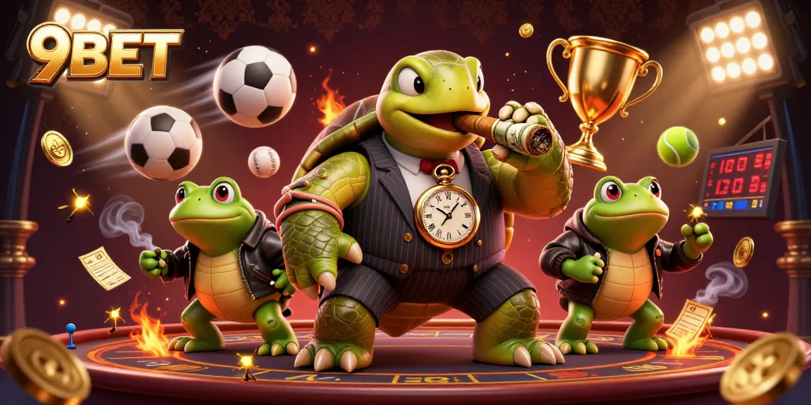 Engage in thrilling sports betting with 9BET's energizing scene of cartoon characters and game elements.