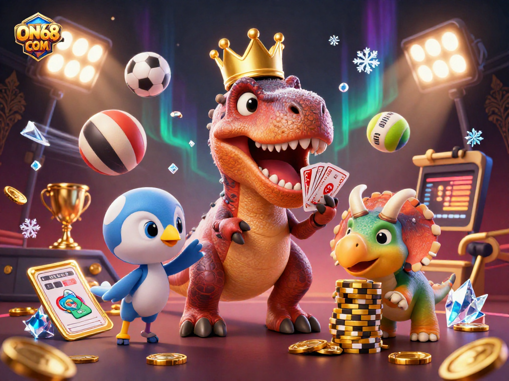 Experience exciting betting action with ON68 COM featuring adorable dinosaur characters and vibrant sports elements.