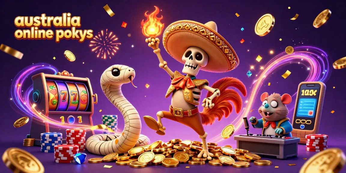 Cascading golden coins surround characters celebrating australia online pokies with vibrant colors and dynamic casino elements.