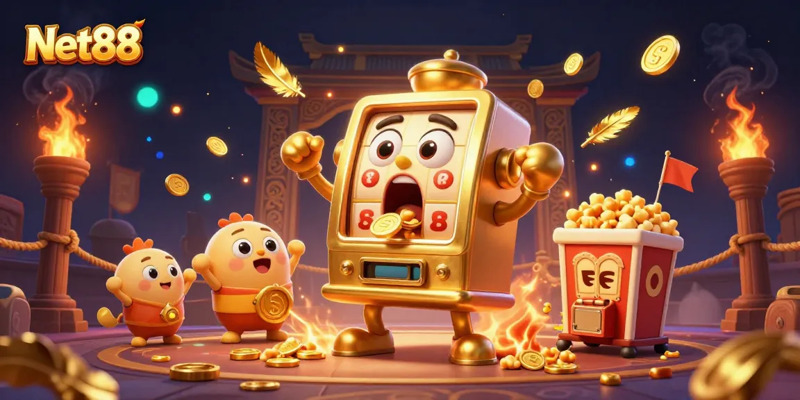 Net88 slot machine hits a jackpot, surrounded by cheering machines and golden coins.