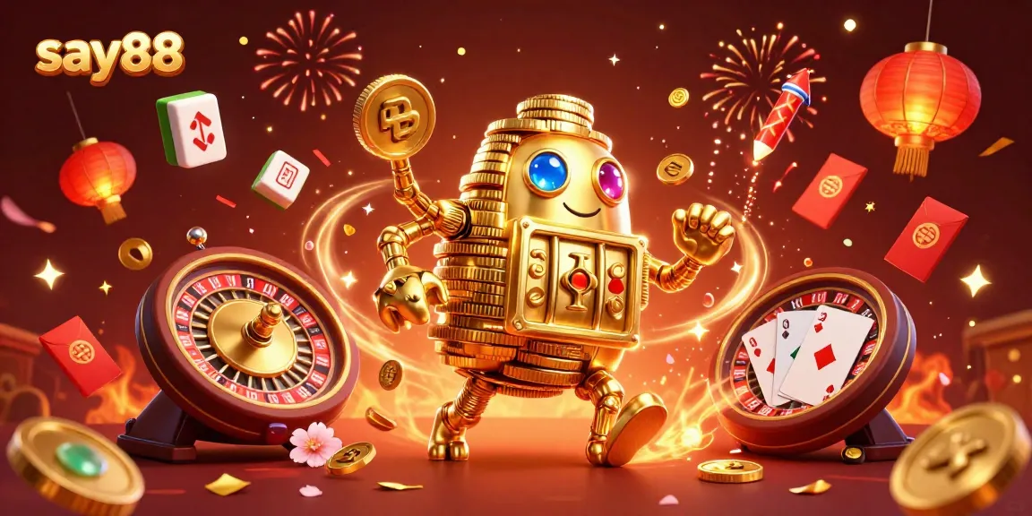 Experience the thrill of gaming with say88's vibrant casino illustration featuring a golden golem and playful gaming elements.