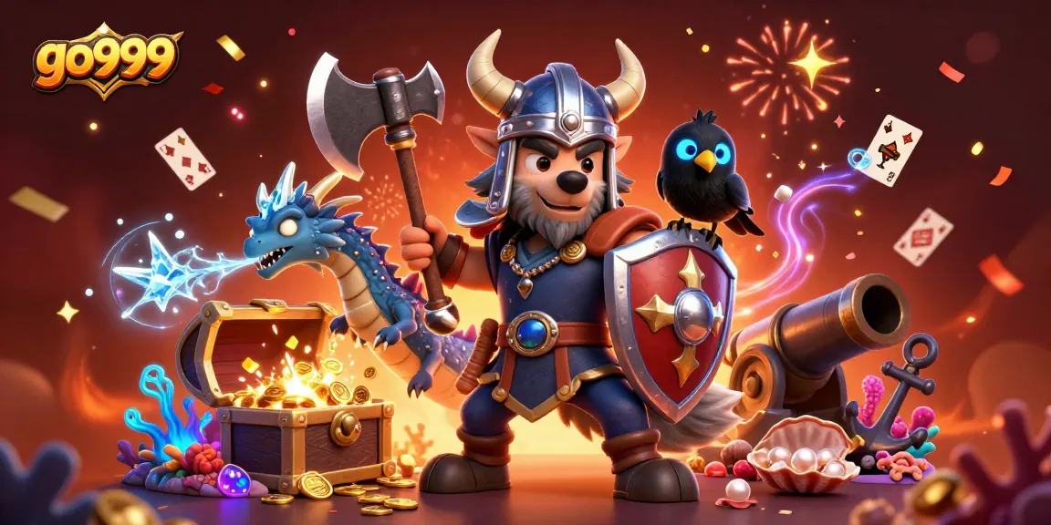 Experience the thrilling adventures at go999, with a Viking warrior, fierce dragon, and vibrant casino gaming elements!