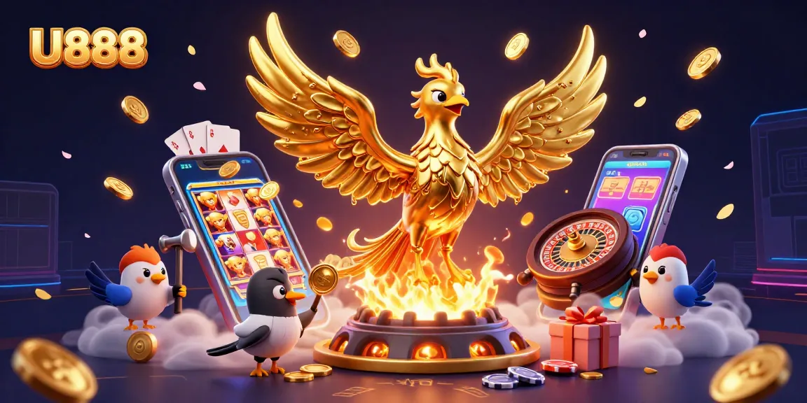 U888 engages players with a vibrant casino-themed scene featuring a golden phoenix and dynamic gaming elements.