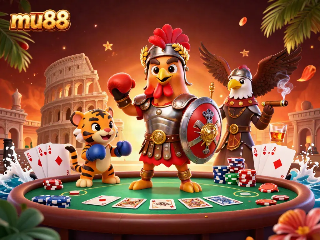 Engage with mu88's thrilling poker showdown featuring a gladiator rooster and a tiger cub!