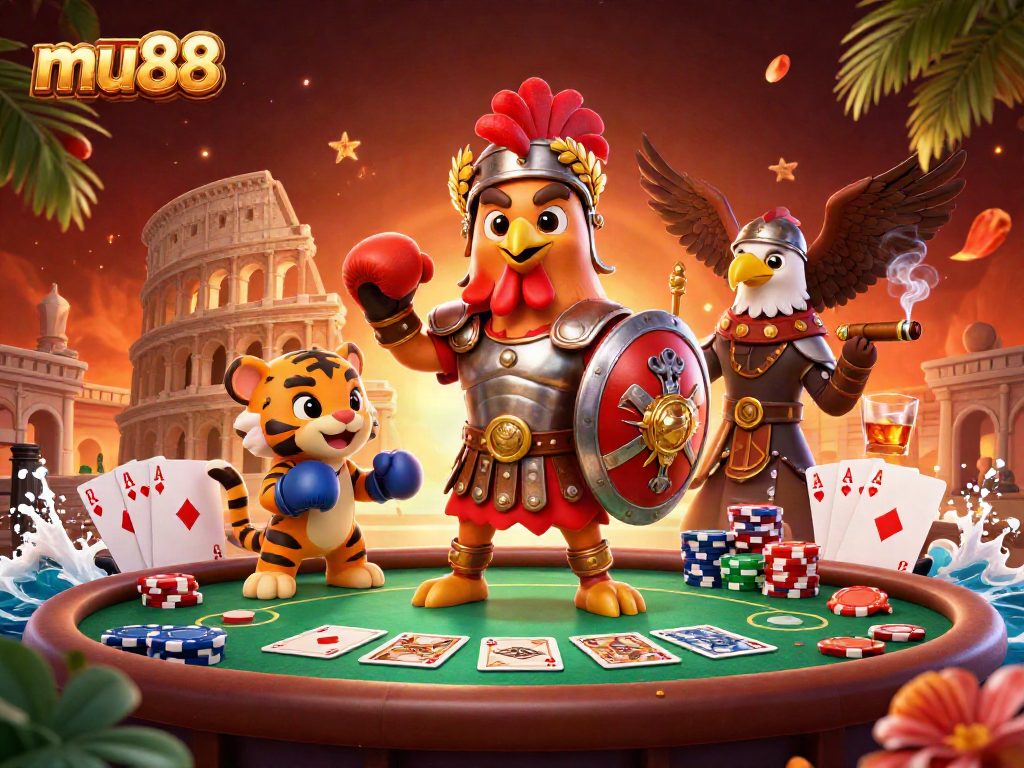 Engage with mu88's thrilling poker showdown featuring a gladiator rooster and a tiger cub!