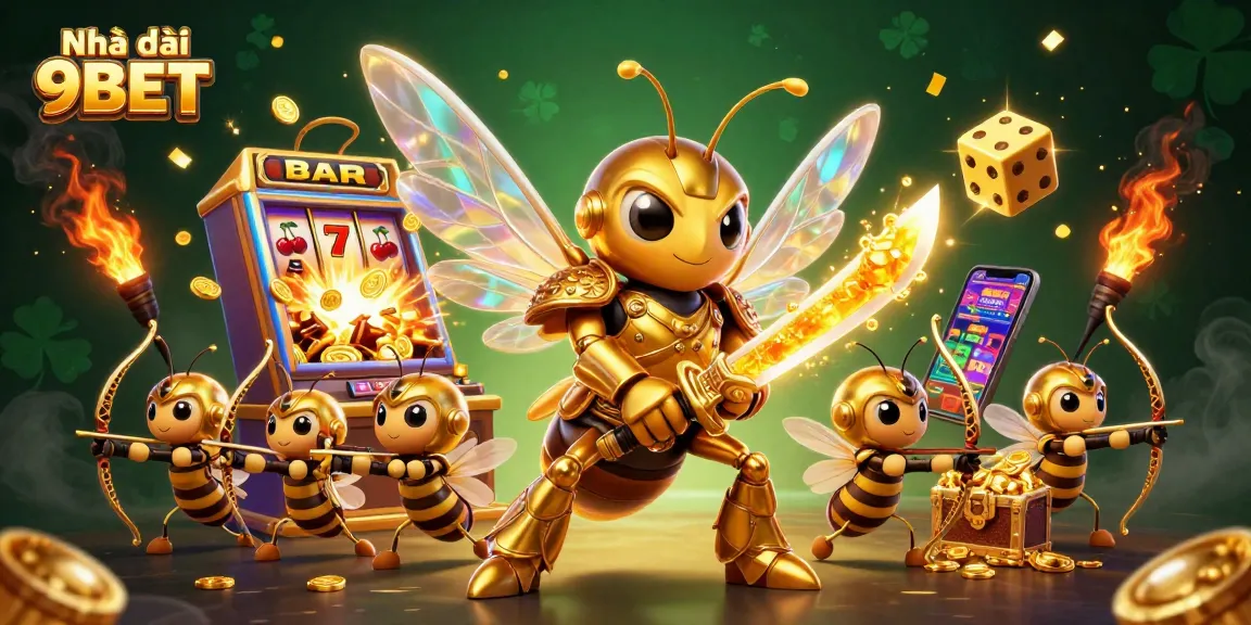 Engage with thrilling games at Nhà cái 9BET, featuring vibrant 3D illustrations, slot machines, and casino excitement.