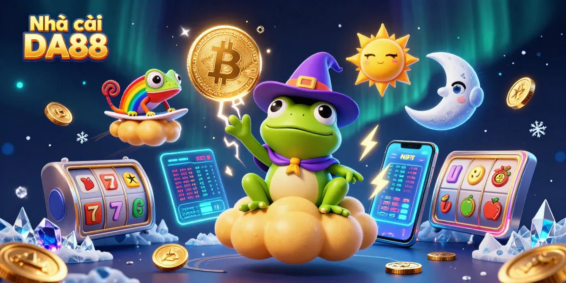 Spin and win with Nhà cái DA88's dynamic illustration featuring casino elements and crypto coins.
