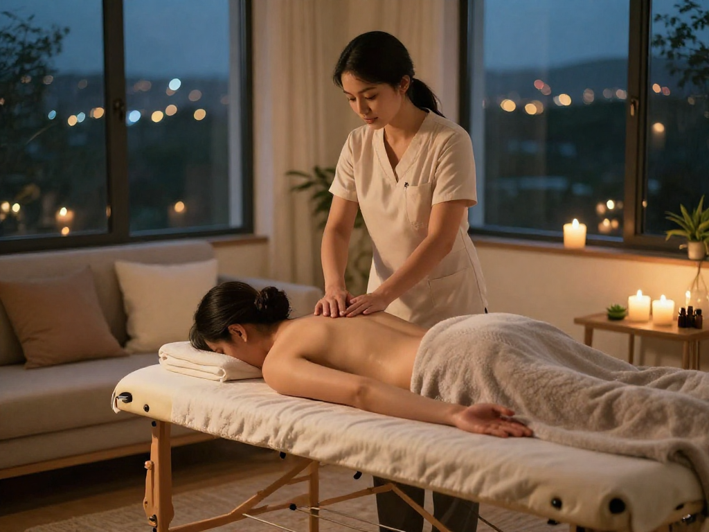 Professional 출장안마 service being provided in a cozy living room with warm lighting.