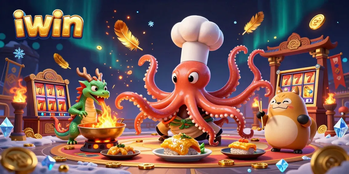 iwin slot game scene featuring a sushi chef octopus, dragon, and tanuki in a dynamic casino atmosphere.